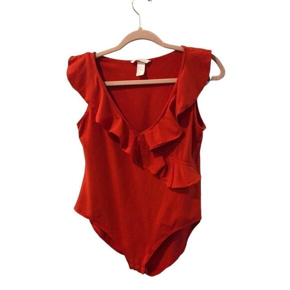 H&M L Ruffled Stretchy Halter V Neck Ruffled Orange Bodysuit - Picture 5 of 10